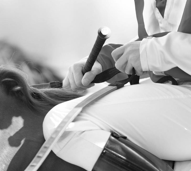 Close up on a jockey sitting on a horse.